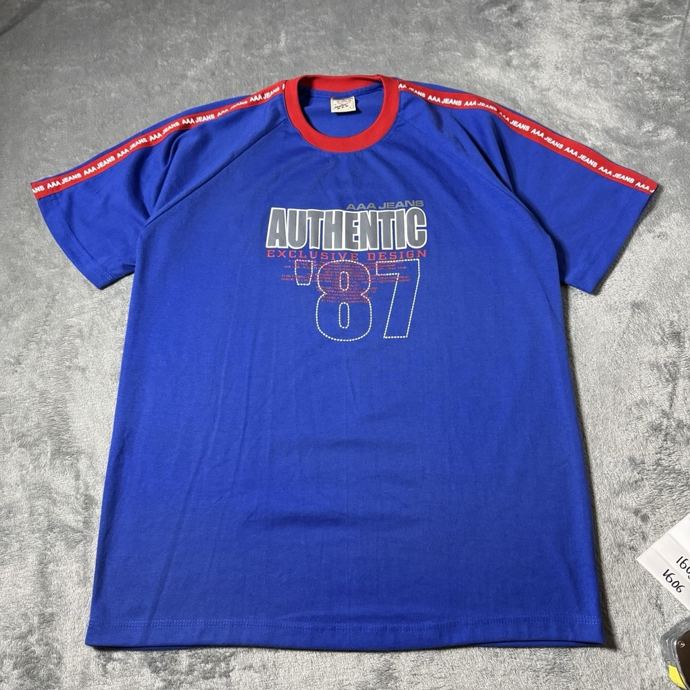 VINTAGE Y2K Blue AAA Jeans Shirt‎ Size Large Ringer Style Skater Grunge
